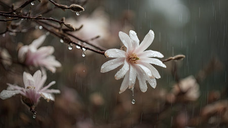 Soft rain falling gently on Star magnolia, with water droplets forming and slowly dripping. The...
