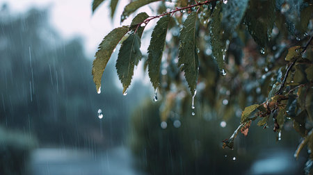 Soft rain falling gently on White ash, with water droplets forming and slowly dripping. The...