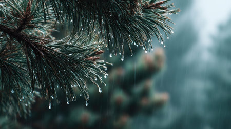 Soft rain falling gently on Stone pine, with water droplets forming and slowly dripping. The...
