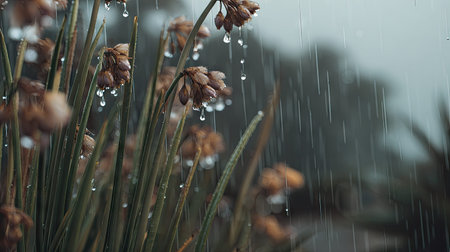 Soft rain falling gently on Shallot, with water droplets forming and slowly dripping. The background...
