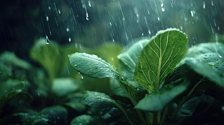Soft rain falling gently on Pak choi sum, with water droplets forming and slowly dripping. The...