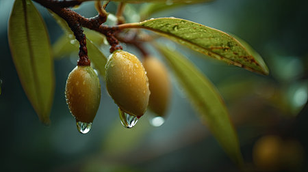 Soft rain falling gently on Pawpaw, with water droplets forming and slowly dripping. The background...
