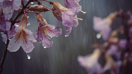 Soft rain falling gently on Paulownia, with water droplets forming and slowly dripping. The...