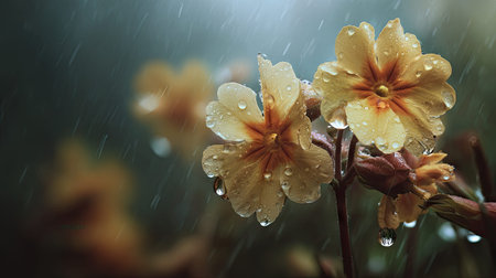 Soft rain falling gently on Primrose, with water droplets forming and slowly dripping. The...