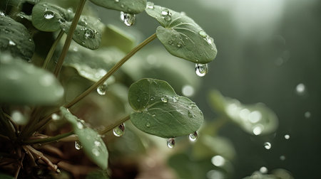 Soft rain falling gently on Watercress, with water droplets forming and slowly dripping. The...