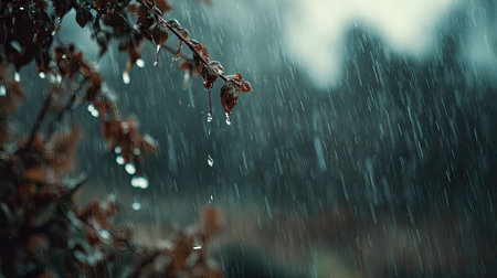 Soft rain falling gently, with water droplets forming and slowly dripping. The background is softly...