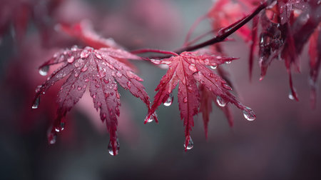 Soft rain falling gently on Red maple, with water droplets forming and slowly dripping. The...
