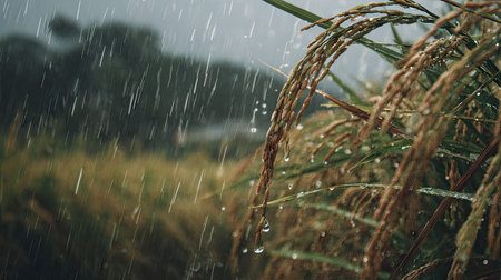Soft rain falling gently on Rice, with water droplets forming and slowly dripping. The background is...