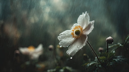 Soft rain falling gently on Anemone, with water droplets forming and slowly dripping. The background...