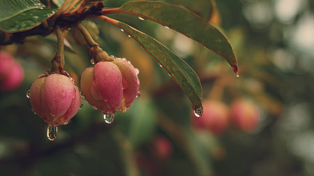 Soft rain falling gently on Ackee, with water droplets forming and slowly dripping. The background...