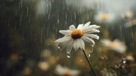 Soft rain falling gently on Chamomile, with water droplets forming and slowly dripping. The...