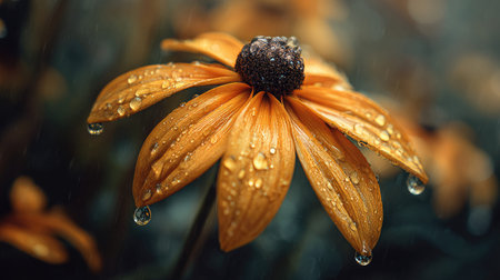 Soft rain falling gently on Black eyed Susan, with water droplets forming and slowly dripping. The...