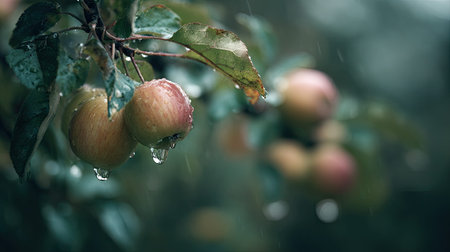 Soft rain falling gently on apple tree, with water droplets forming and slowly dripping. The background is softly blurred with a natural, moody atmosphere.の写真素材