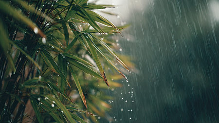 Soft rain falling gently on Bamboo palm, with water droplets forming and slowly dripping. The...