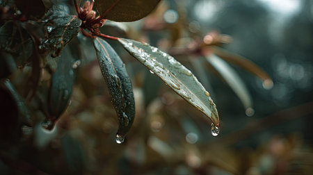 Soft rain falling gently on Bay laurel, with water droplets forming and slowly dripping. The...