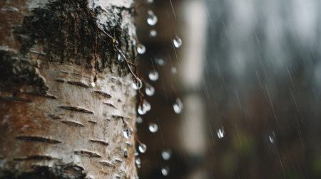 Soft rain falling gently on Birch bark, with water droplets forming and slowly dripping. The...