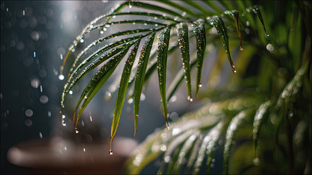 Soft rain falling gently on Areca palm, with water droplets forming and slowly dripping. The...