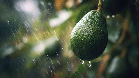 Soft rain falling gently on Avocado, with water droplets forming and slowly dripping. The background...