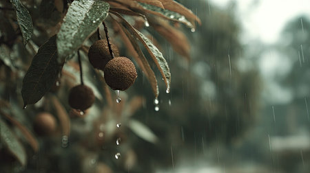 Soft rain falling gently on Breadnut, with water droplets forming and slowly dripping. The...