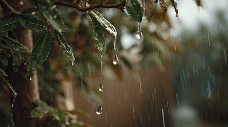 Soft rain falling gently on Carob tree, with water droplets forming and slowly dripping. The background is softly blurred with a natural, moody atmosphere.の写真素材