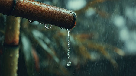 Soft rain falling gently on Bamboo shoot, with water droplets forming and slowly dripping. The...