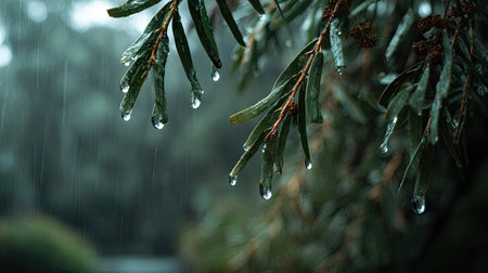 Soft rain falling gently on Camphor tree, with water droplets forming and slowly dripping. The...