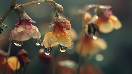 Soft rain falling gently on Calceolaria, with water droplets forming and slowly dripping. The background is softly blurred with a natural, moody atmosphere.の写真素材