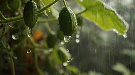 Soft rain falling gently on Cucumber, with water droplets forming and slowly dripping. The background is softly blurred with a natural, moody atmosphere.の写真素材