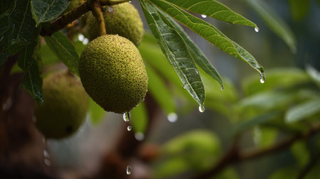 Soft rain falling gently on Breadfruit, with water droplets forming and slowly dripping. The...