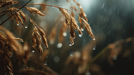 Soft rain falling gently, with water droplets forming and slowly dripping. The background is softly blurred with a natural, moody atmosphere.の写真素材