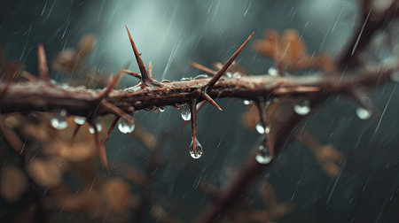 Soft rain falling gently on Crown of thorns, with water droplets forming and slowly dripping. The...