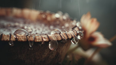 Soft rain falling gently, with water droplets forming and slowly dripping. The background is softly...
