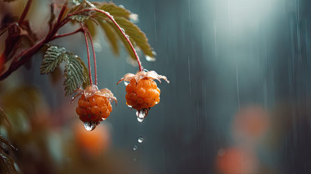 Soft rain falling gently on leaves, with water droplets forming and slowly dripping. The background...