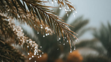 Soft rain falling gently on Date palm, with water droplets forming and slowly dripping. The...