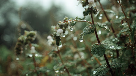 Soft rain falling gently on Horehound, with water droplets forming and slowly dripping. The...