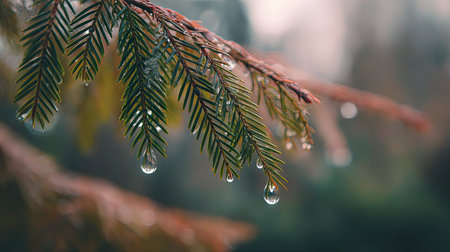 Soft rain falling gently on Dawn redwood, with water droplets forming and slowly dripping. The...