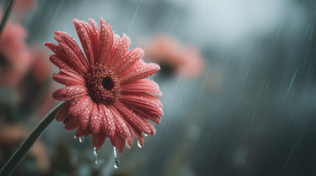 Soft rain falling gently on Gerbera daisy, with water droplets forming and slowly dripping. The...