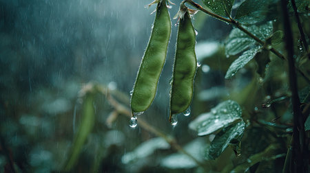 Soft rain falling gently on Broad bean, with water droplets forming and slowly dripping. The background is softly blurred with a natural, moody atmosphere.の写真素材