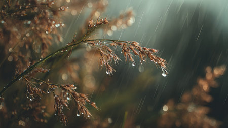 Soft rain falling gently on a plant, with water droplets forming and slowly dripping. The background...
