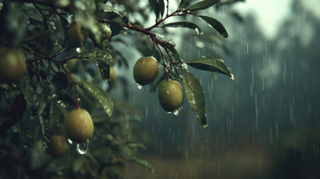 Soft rain falling gently on Greengage, with water droplets forming and slowly dripping. The...