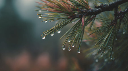 Soft rain falling gently on Eastern white pine, with water droplets forming and slowly dripping. The...