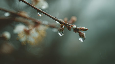 Soft rain falling gently, with water droplets forming and slowly dripping. The background is softly...
