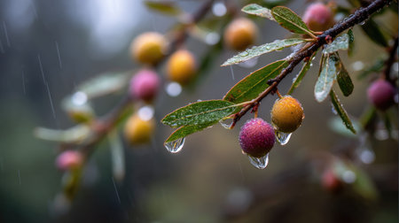 Soft rain falling gently on Davidson s plum, with water droplets forming and slowly dripping. The...