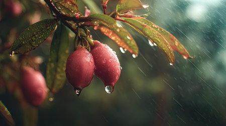 Soft rain falling gently on Miracle fruit, with water droplets forming and slowly dripping. The...