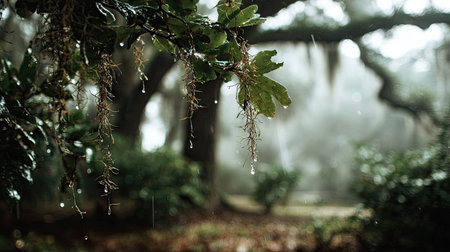 Soft rain falling gently on Live oak, with water droplets forming and slowly dripping. The...