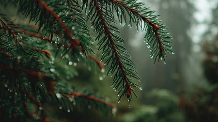 Soft rain falling gently, with water droplets forming and slowly dripping. The background is softly...