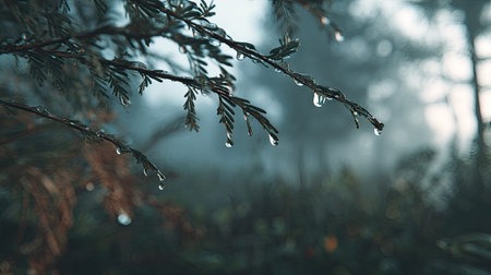 Soft rain falling gently on Ironwood, with water droplets forming and slowly dripping. The...