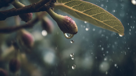 Soft rain falling gently on Fig, with water droplets forming and slowly dripping. The background is...