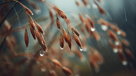 Soft rain falling gently on Fonio, with water droplets forming and slowly dripping. The background is softly blurred with a natural, moody atmosphere.の写真素材
