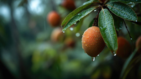 Soft rain falling gently on Mamey sapote, with water droplets forming and slowly dripping. The...